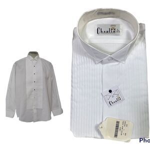 NEW Chaplin 1980’s white pleated tuxedo long sleeves wing collar  shirt L 34-35